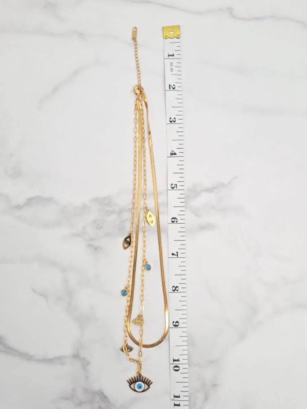 Gold Layered Evil Eye Necklace with Blue Eye Charms & Snake Chain - Picture 11 of 12